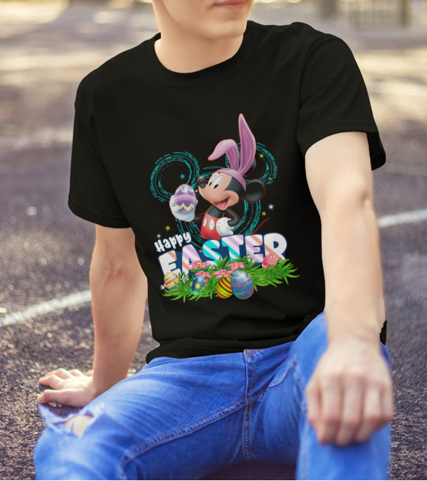 MK Happy Easter Mickey Mouse Bunny Ears Holding Colorful Easter Eggs In Grass T-Shirt