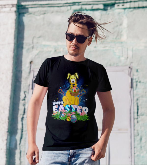 Pluto Happy Easter Basket With Eggs And Flowers T-Shirt