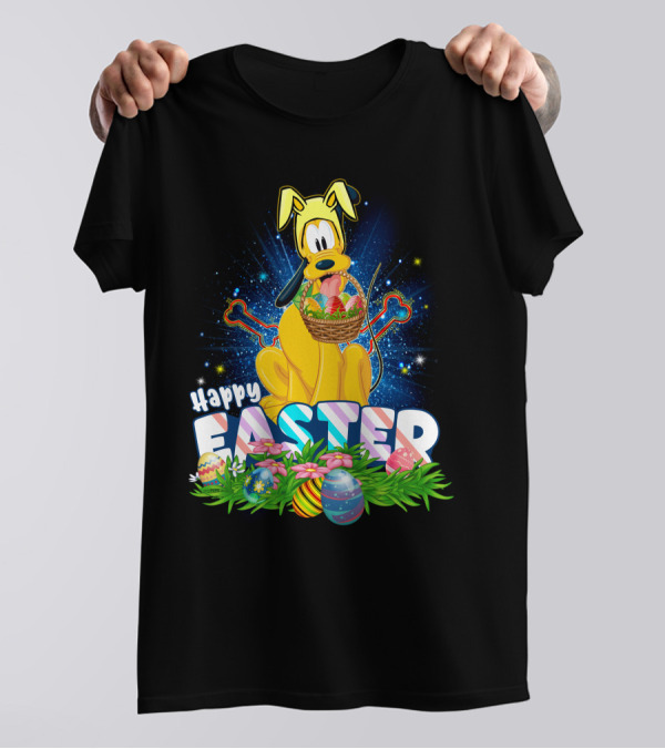 Pluto Happy Easter Basket With Eggs And Flowers T-Shirt