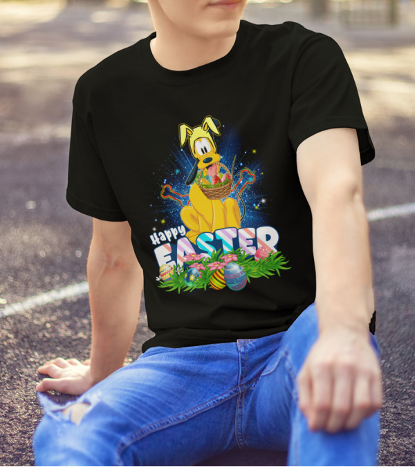 Pluto Happy Easter Basket With Eggs And Flowers T-Shirt