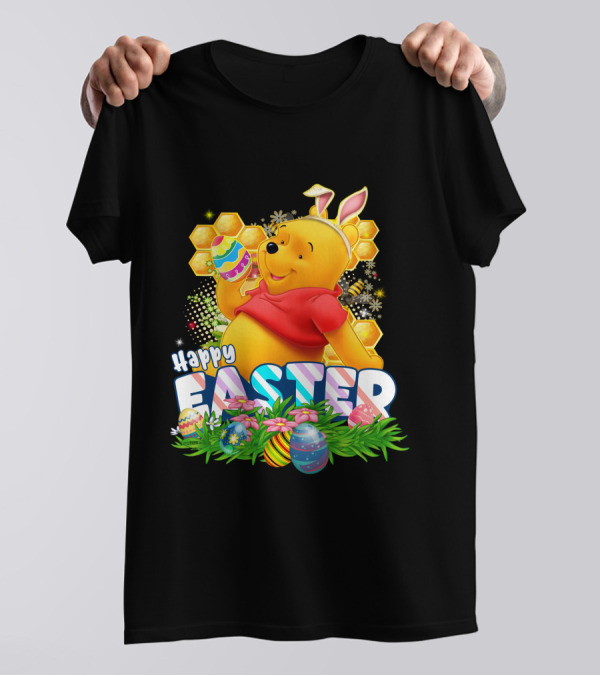 Pooh Happy Easter With Eggs And Honeycomb Background T-Shirt