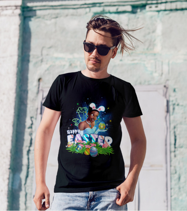 Tiana Happy Easter Bunny Ears Sparkling Eggs And Flowers T-Shirt