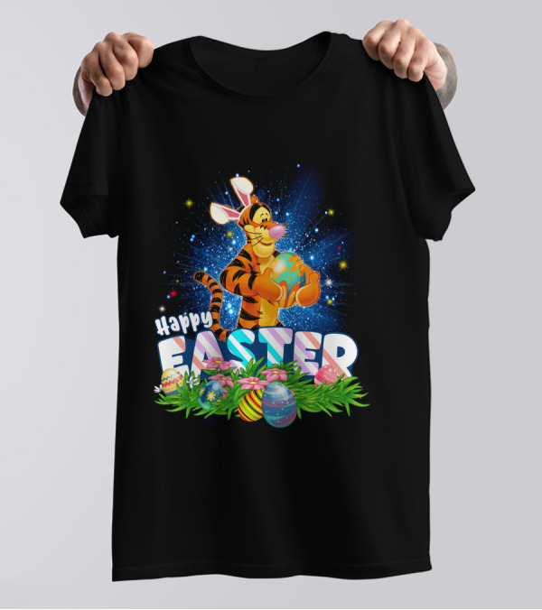 Tigger Happy Easter With Colorful Eggs And Flowers T-Shirt