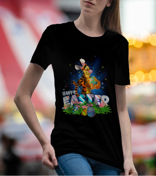 Tigger Happy Easter With Colorful Eggs And Flowers T-Shirt