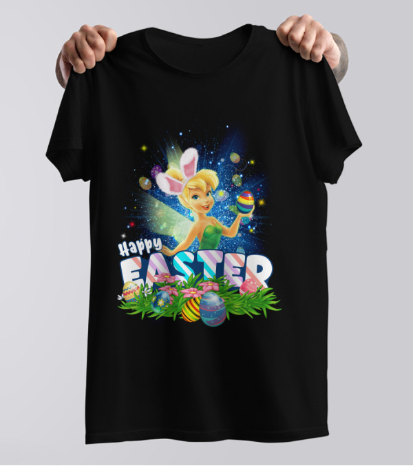 Happy Easter Tinkerbell With Bunny Ears And Colorful Eggs T-Shirt