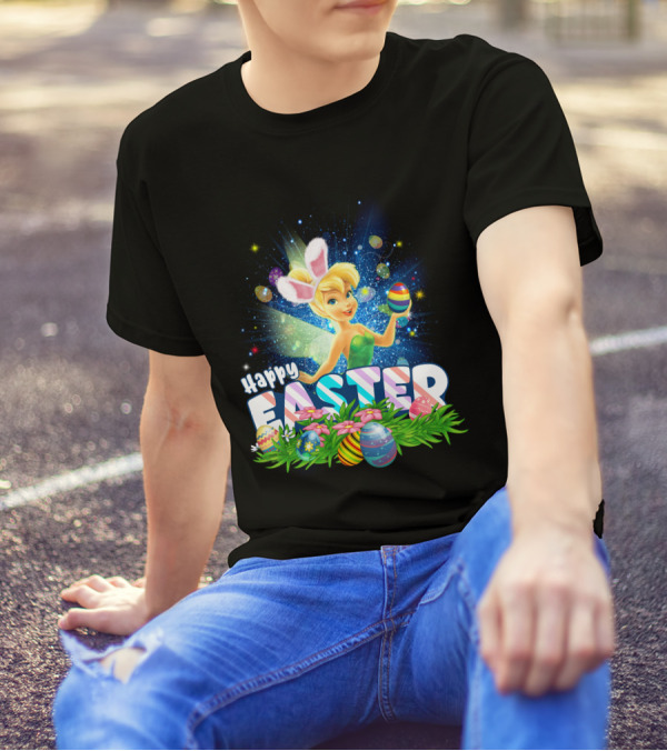 Happy Easter Tinkerbell With Bunny Ears And Colorful Eggs T-Shirt