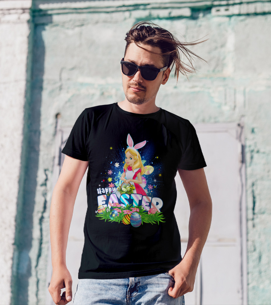 Alice Happy Easter Bunny Ears With Colorful Eggs And Flowers T-Shirt
