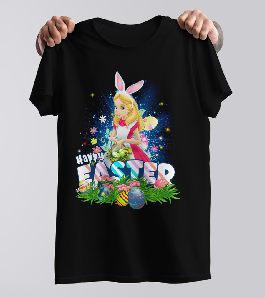 Alice Happy Easter Bunny Ears With Colorful Eggs And Flowers T-Shirt