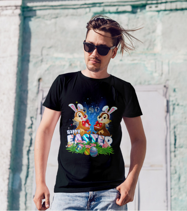 Chip Dale Happy Easter With Bunny Ears And Colorful Eggs T-Shirt