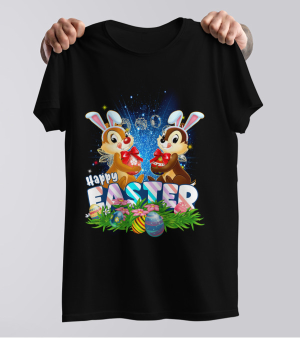 Chip Dale Happy Easter With Bunny Ears And Colorful Eggs T-Shirt