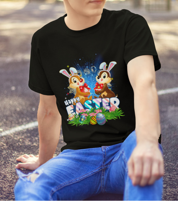 Chip Dale Happy Easter With Bunny Ears And Colorful Eggs T-Shirt