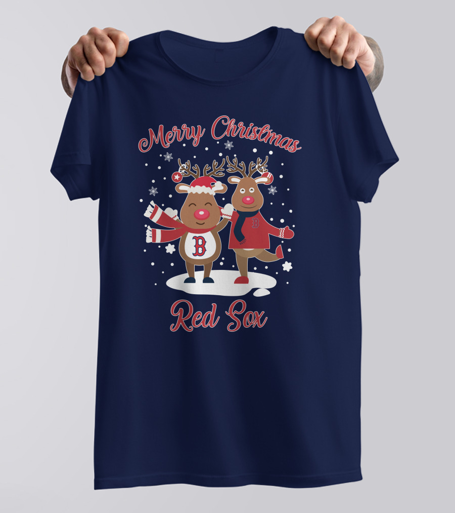 Merry Christmas Red Sox Reindeer With Snowflakes And Baseball Gear T-Shirt