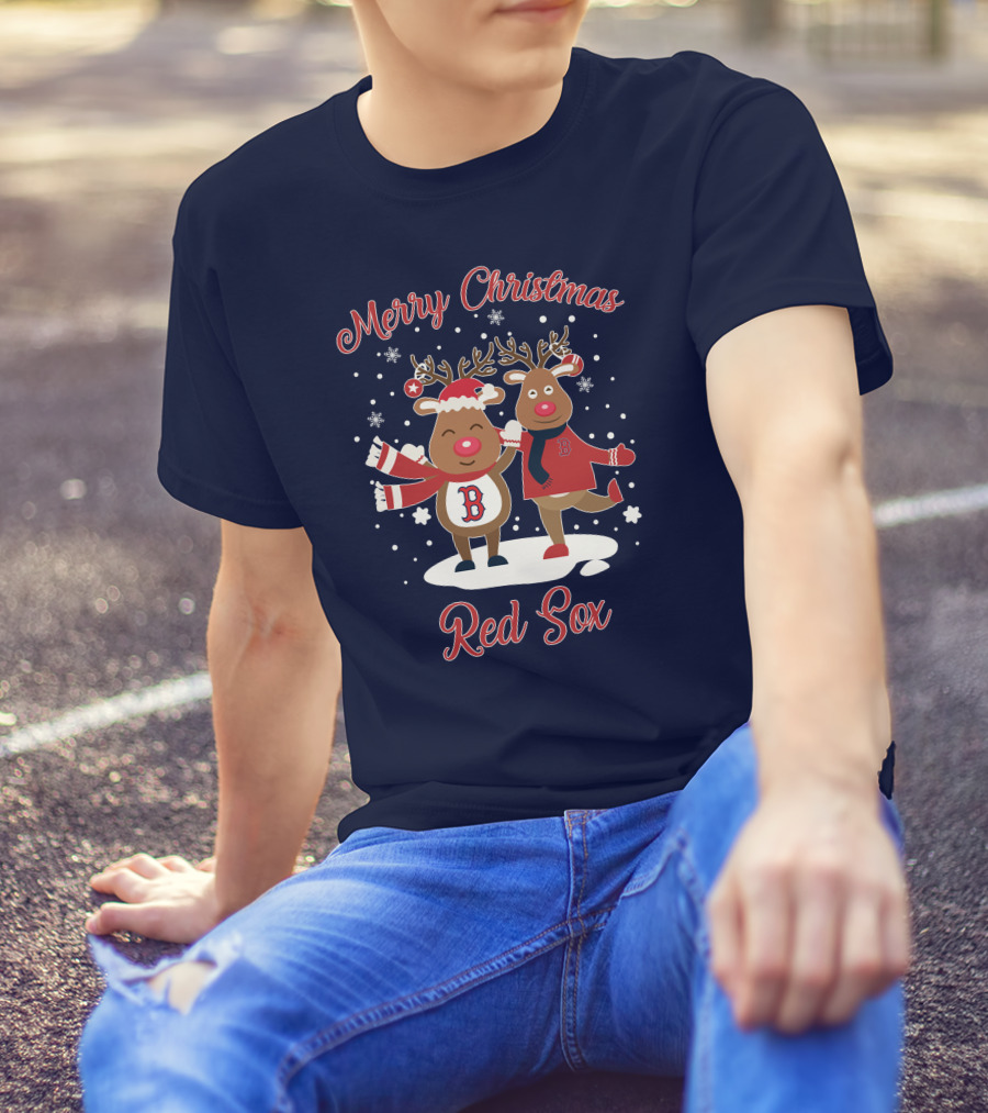 Merry Christmas Red Sox Reindeer With Snowflakes And Baseball Gear T-Shirt