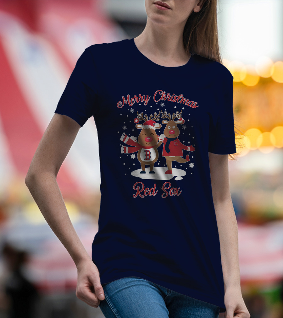 Merry Christmas Red Sox Reindeer With Snowflakes And Baseball Gear T-Shirt