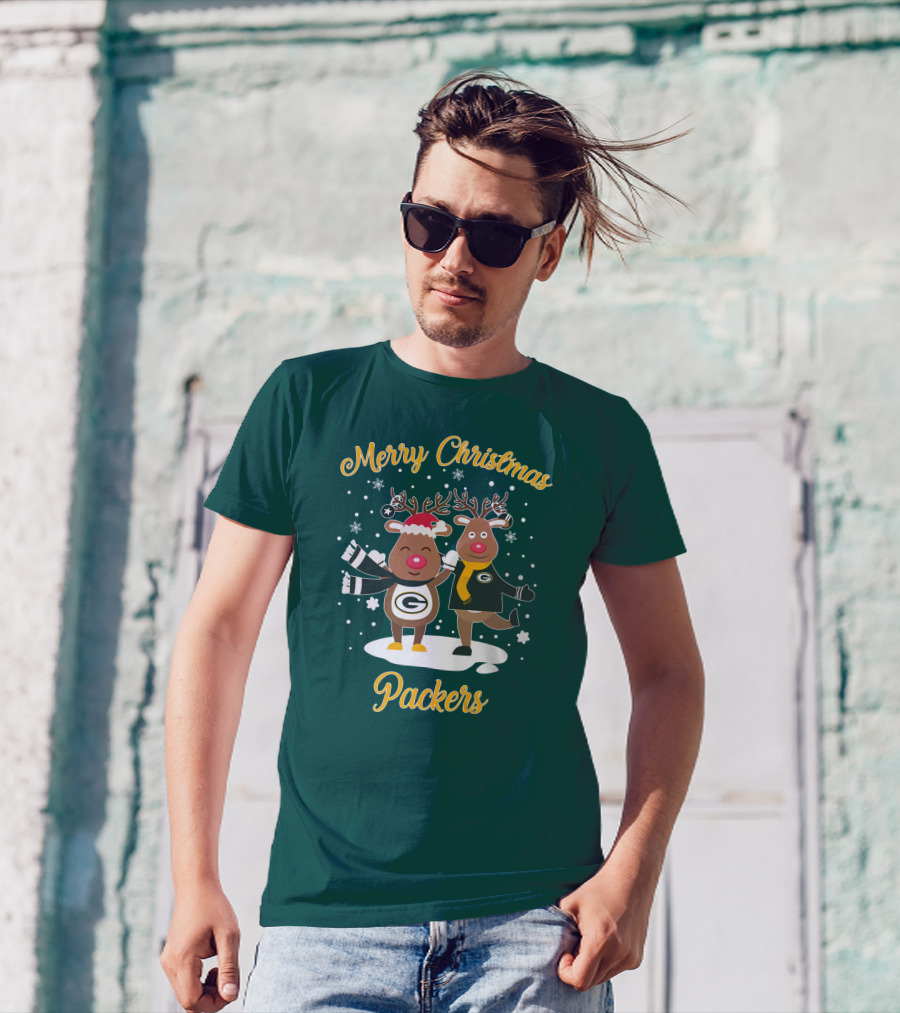 Merry Christmas Packers Reindeer With Green Bay Logo Winter Scene T-Shirt