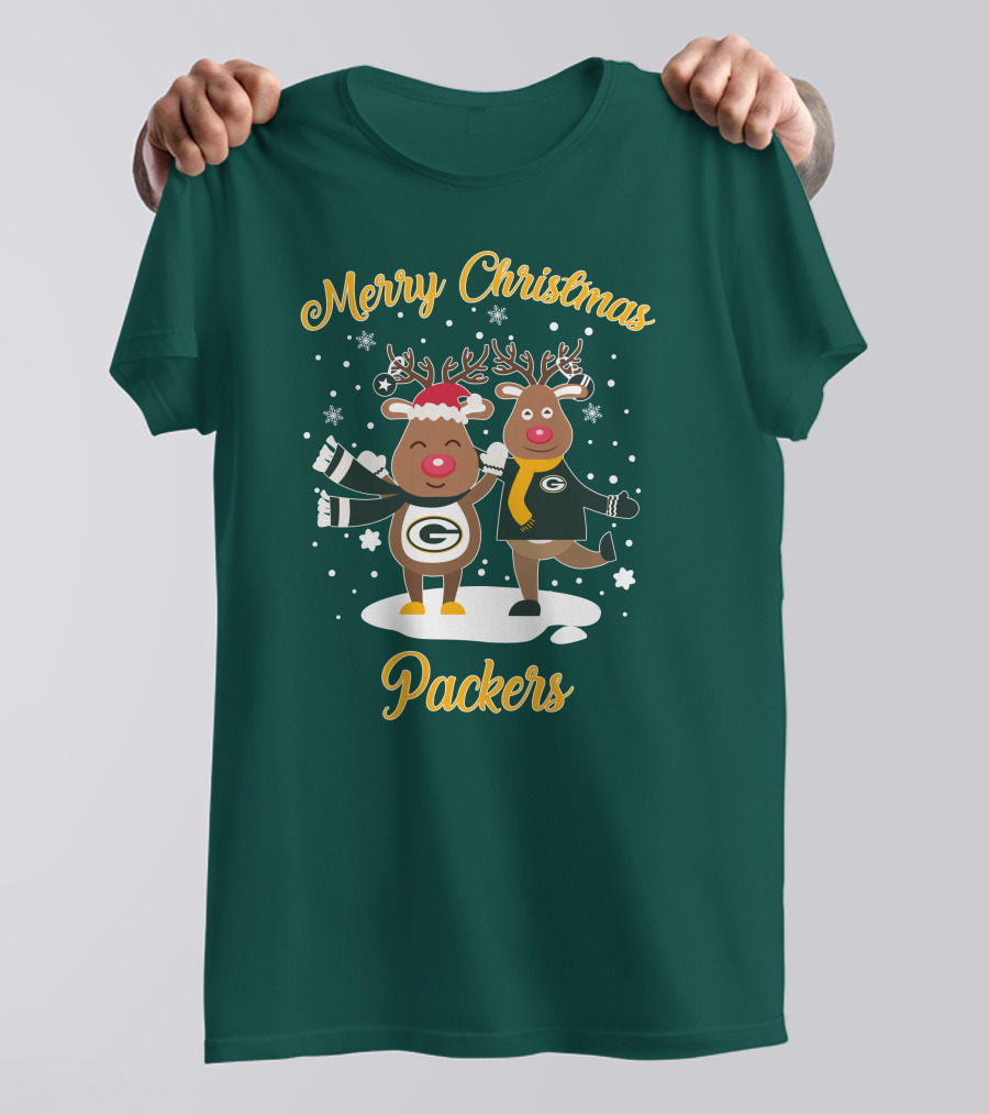 Merry Christmas Packers Reindeer With Green Bay Logo Winter Scene T-Shirt
