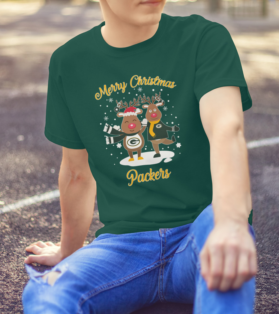 Merry Christmas Packers Reindeer With Green Bay Logo Winter Scene T-Shirt