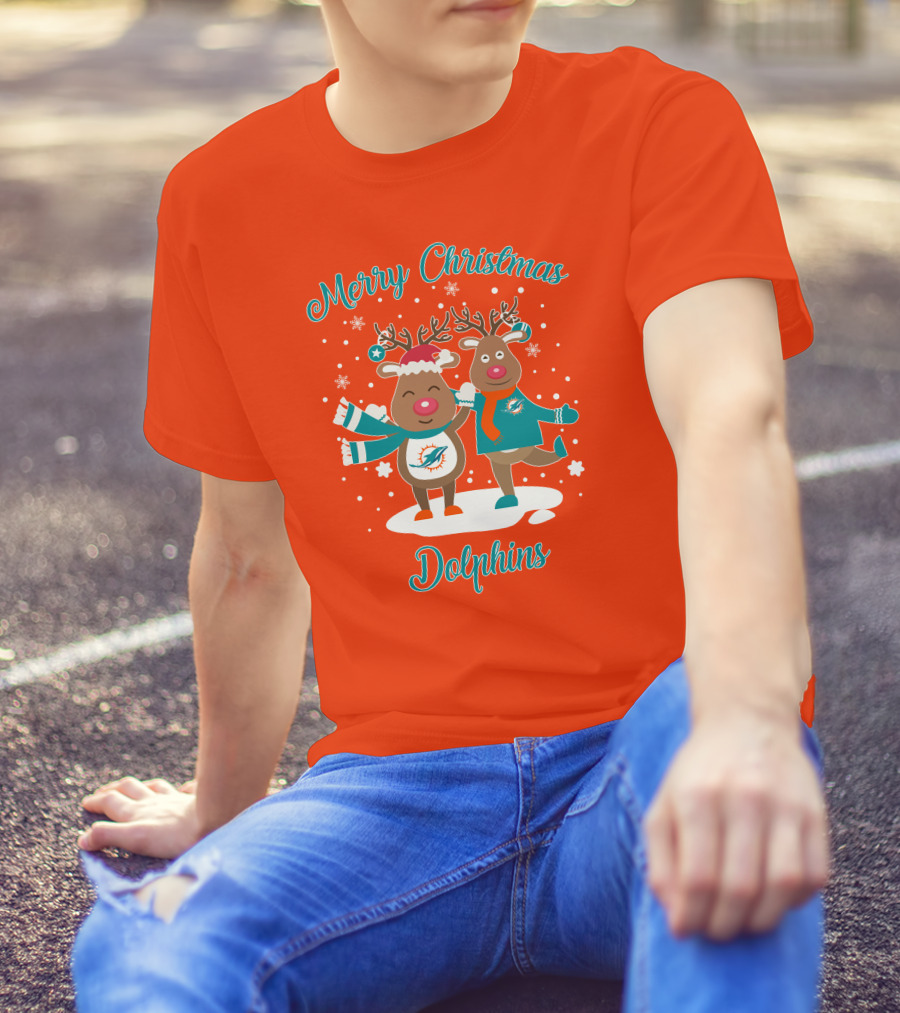 Merry Christmas Dolphins Reindeer Snowflakes T-Shirt