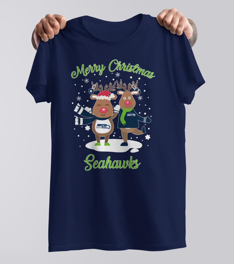 Merry Christmas Seattle Seahawks Reindeer Sweater Festive T-Shirt