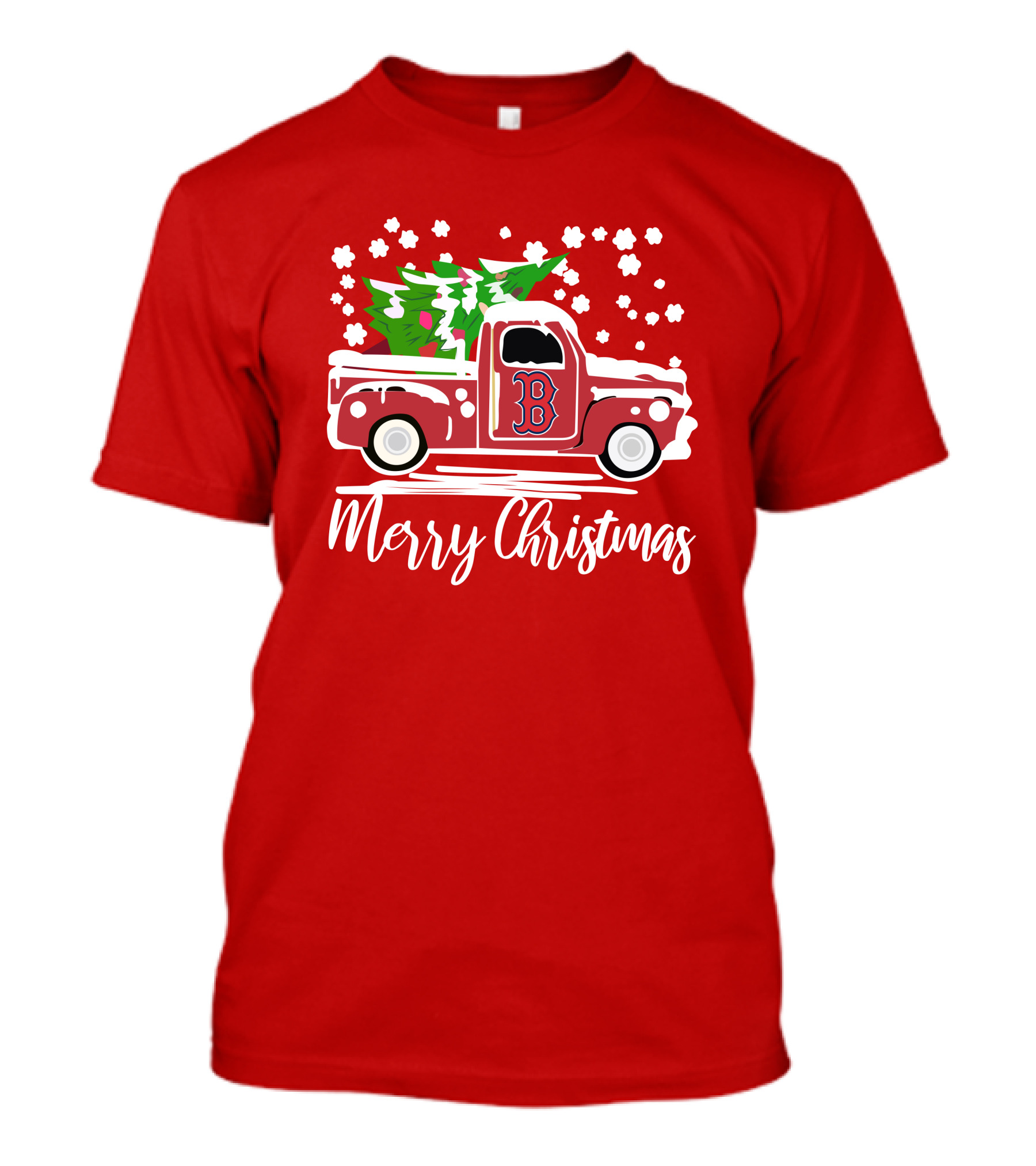 Boston Red Sox B Vintage Car Merry Christmas Tree Snowflakes T-Shirt