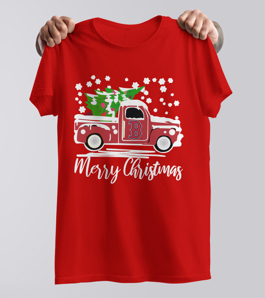 Boston Red Sox B Vintage Car Merry Christmas Tree Snowflakes T-Shirt