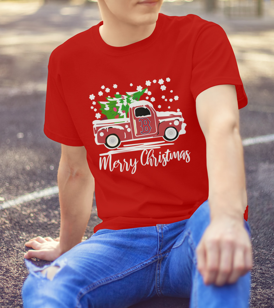Boston Red Sox B Vintage Car Merry Christmas Tree Snowflakes T-Shirt