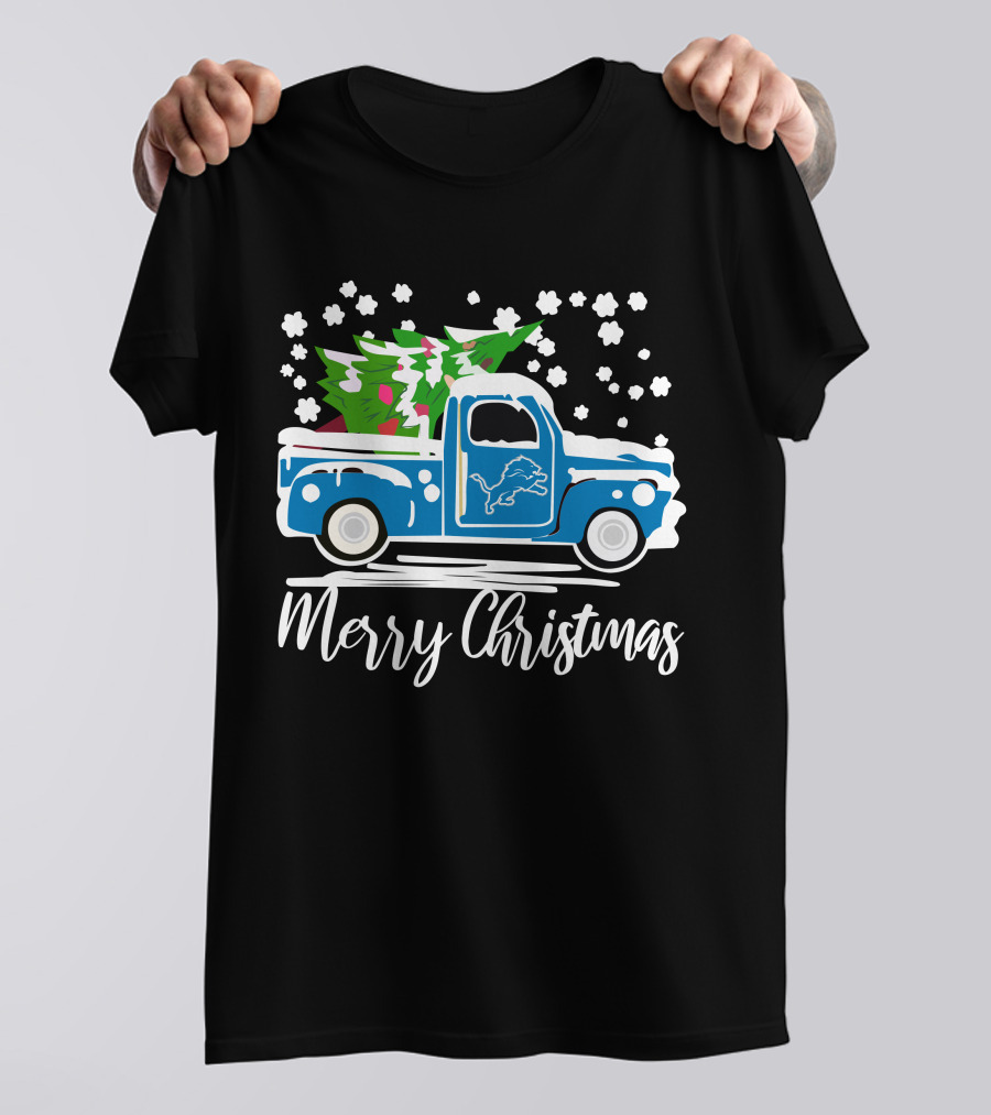 Detroit Lions Vintage Car Merry Christmas Snowy Tree Scene T-Shirt