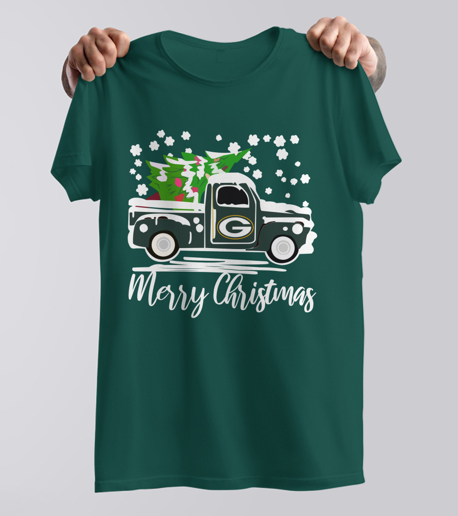 Green Bay Packers Vintage Truck With Christmas Tree Merry Christmas T-Shirt