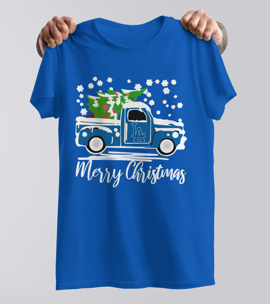Los Angeles Dodgers LA Vintage Car Merry Christmas Snowflakes Tree T-Shirt