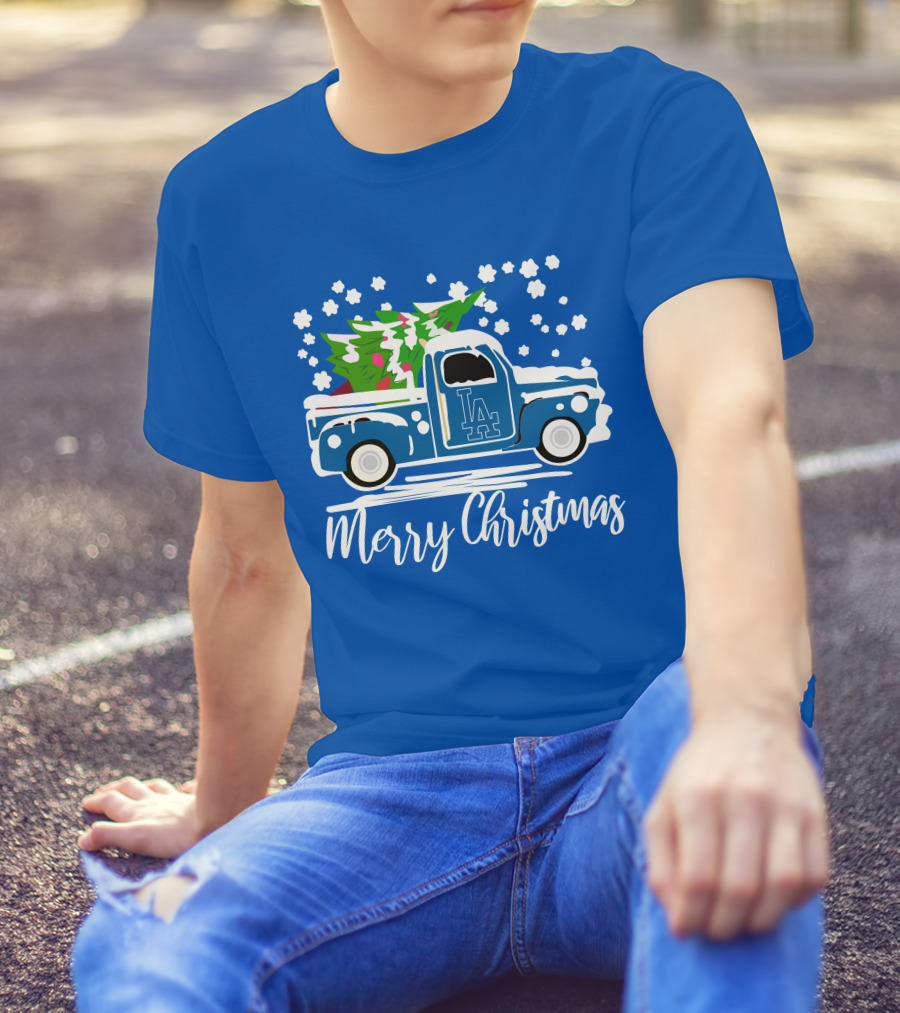 Los Angeles Dodgers LA Vintage Car Merry Christmas Snowflakes Tree T-Shirt