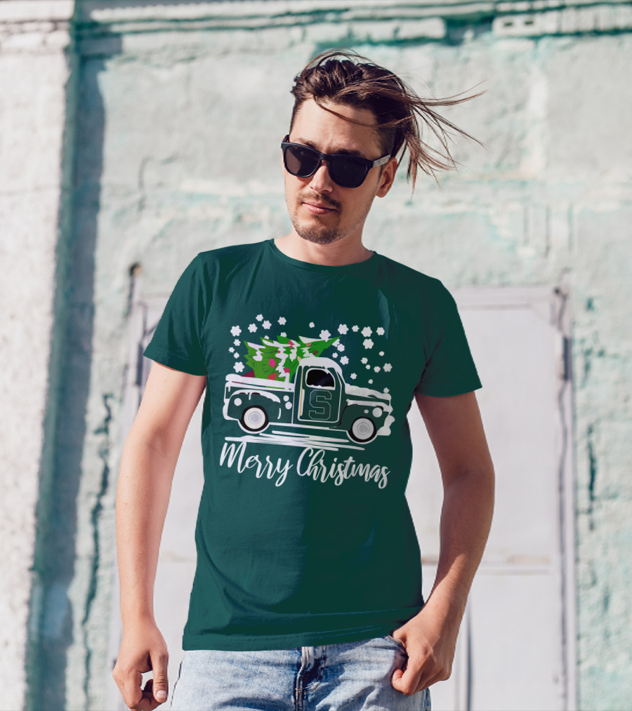 Merry Christmas Michigan State Spartans Vintage Car With Christmas Tree T-Shirt