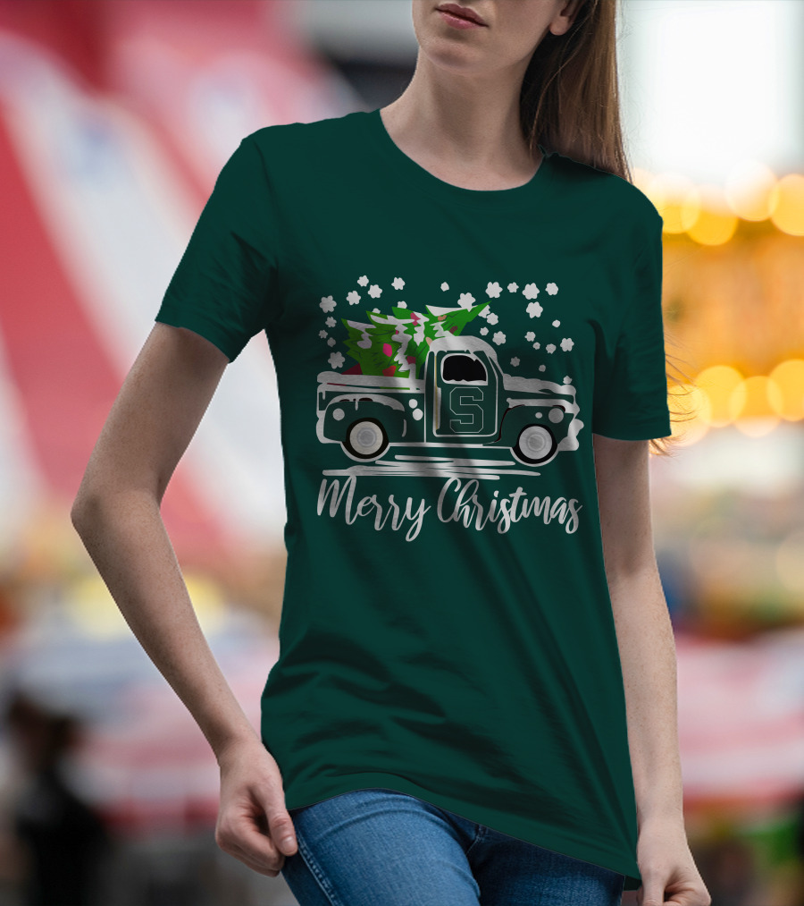 Merry Christmas Michigan State Spartans Vintage Car With Christmas Tree T-Shirt