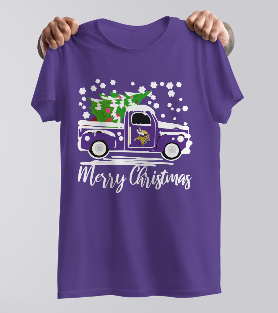 Merry Christmas Minnesota Vikings Vintage Car With Christmas Tree T-Shirt