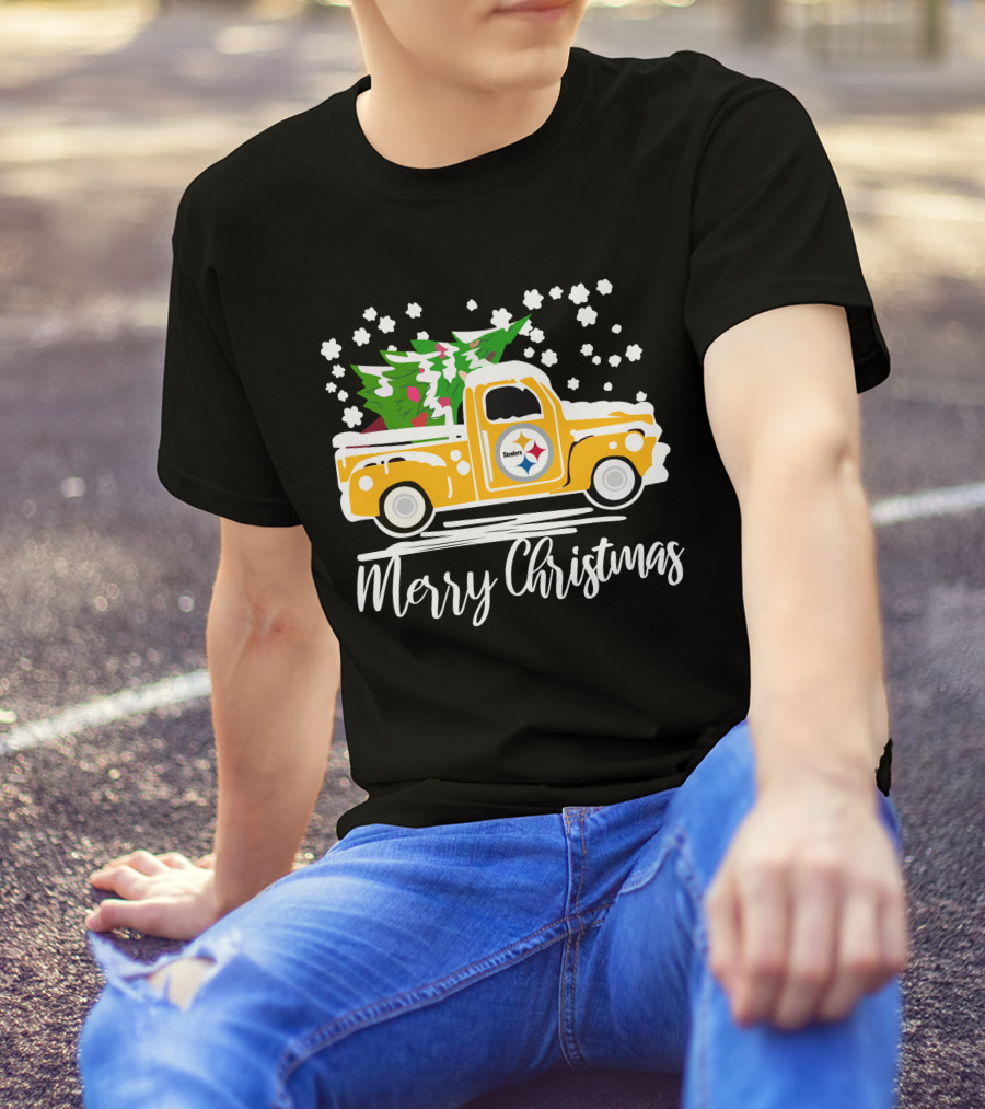 Pittsburgh Steelers Merry Christmas Vintage Car With Christmas Tree T-Shirt