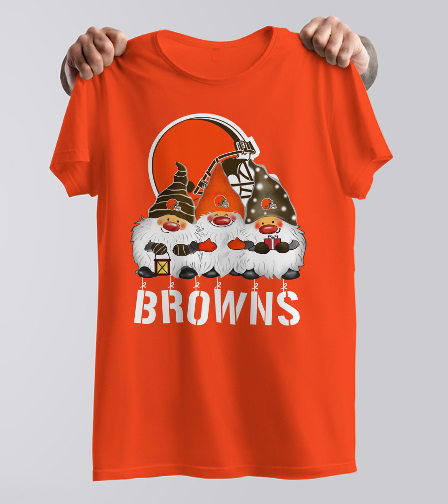 Cleveland Browns Merry Christmas Happy Holidays With Gnome Trio And Football Helmets T-Shirt