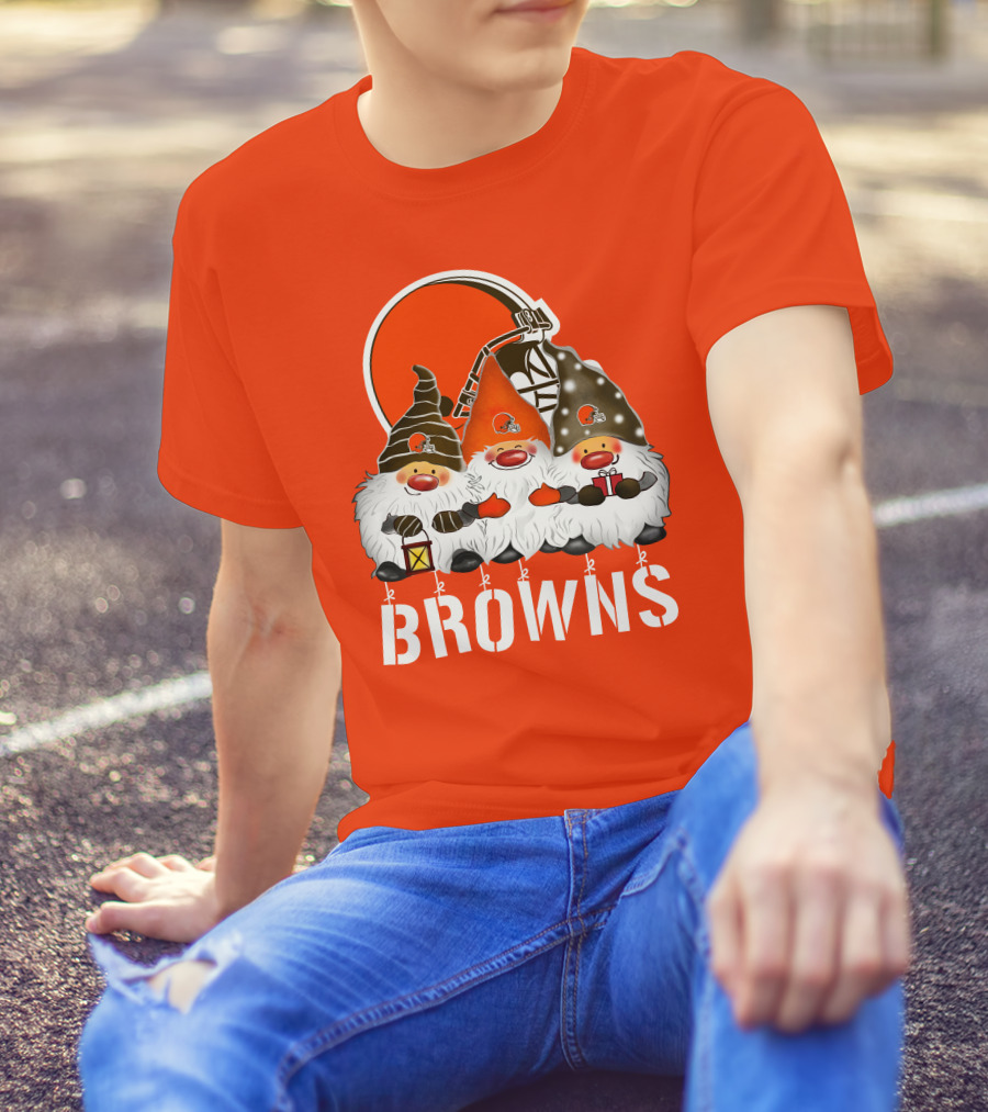 Cleveland Browns Merry Christmas Happy Holidays With Gnome Trio And Football Helmets T-Shirt