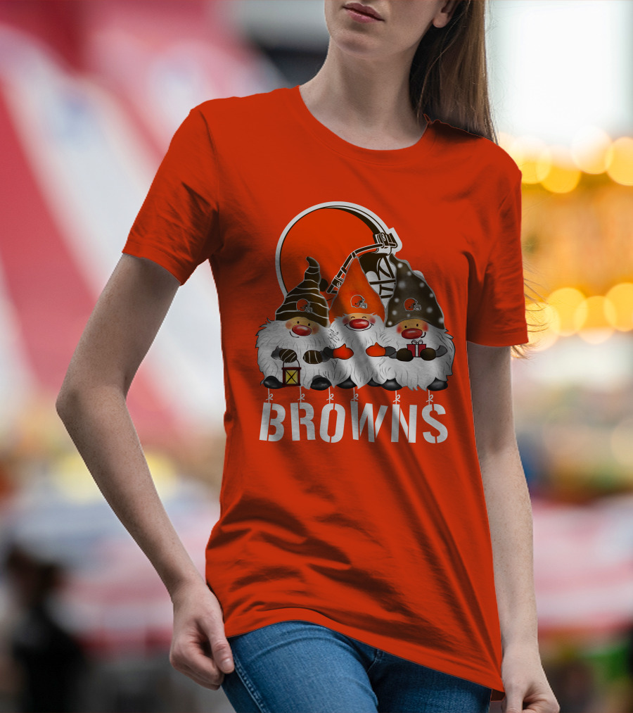 Cleveland Browns Merry Christmas Happy Holidays With Gnome Trio And Football Helmets T-Shirt