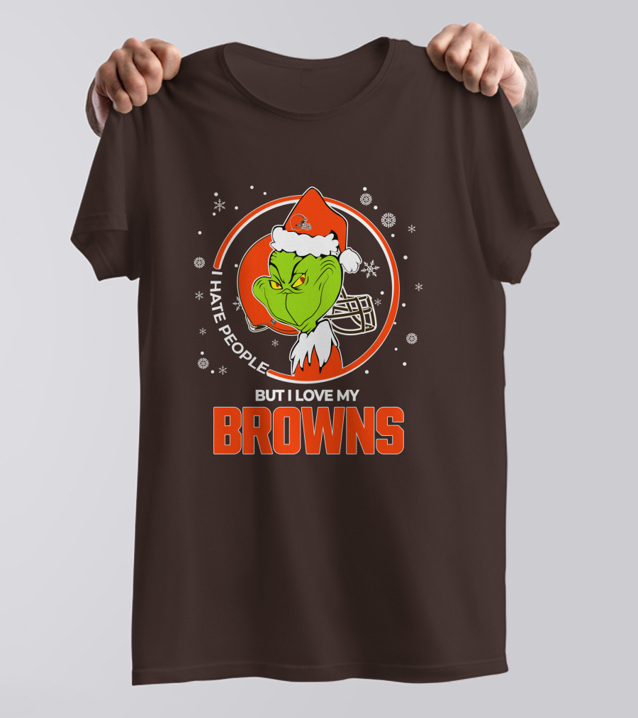 I Hate People But I Love My Cleveland Browns Grinch Santa Christmas T-Shirt