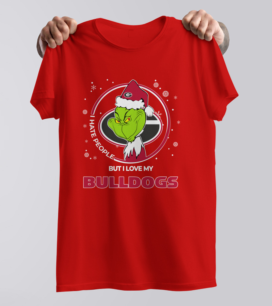 Christmas Grinch Santa I Hate People But I Love My Bulldogs Georgia T-Shirt