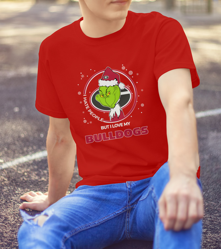 Christmas Grinch Santa I Hate People But I Love My Bulldogs Georgia T-Shirt