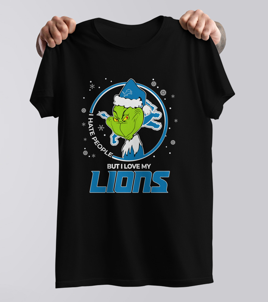 I Hate People But I Love My Detroit Lions Grinch Santa Christmas T-Shirt