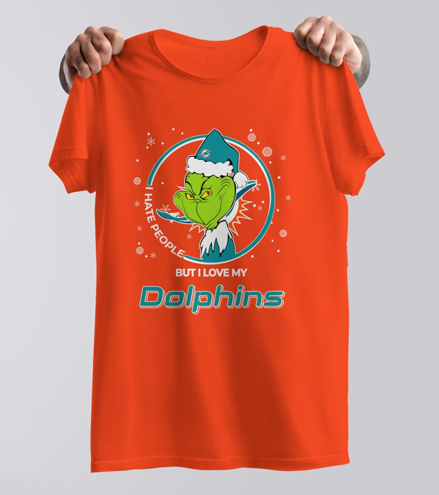 Christmas Grinch Santa I Hate People But I Love My Dolphins Miami Dolphins T-Shirt