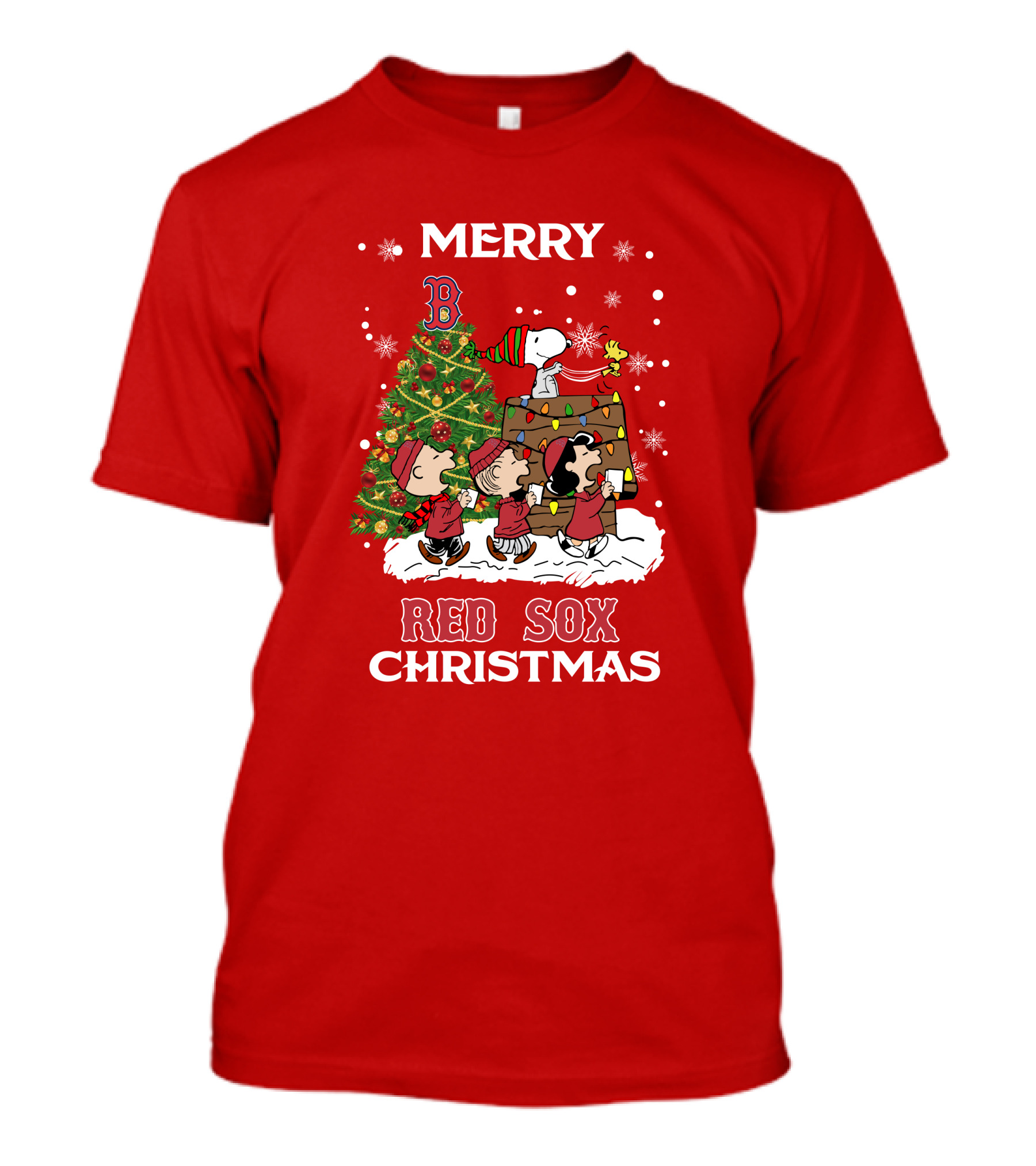 Merry Red Sox Christmas Tree With Snoopy And Friends T-Shirt
