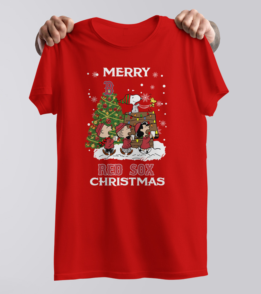 Merry Red Sox Christmas Tree With Snoopy And Friends T-Shirt