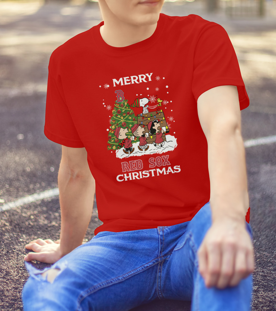 Merry Red Sox Christmas Tree With Snoopy And Friends T-Shirt