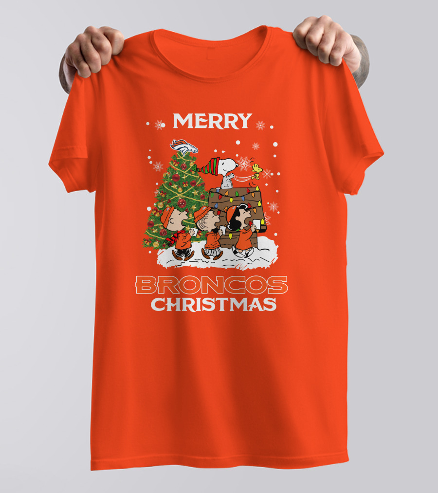 Merry Broncos Christmas Peanuts Tree Theme T-Shirt