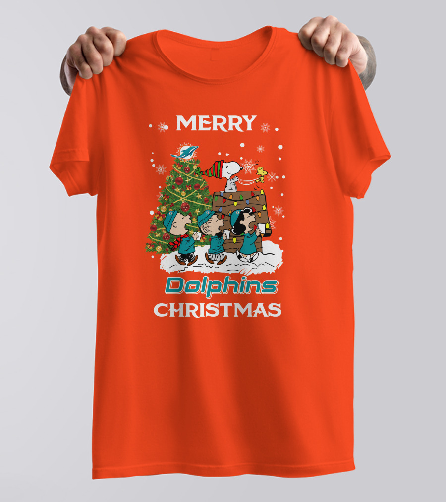 Merry Dolphins Christmas Peanuts Characters With Tree Miami T-Shirt