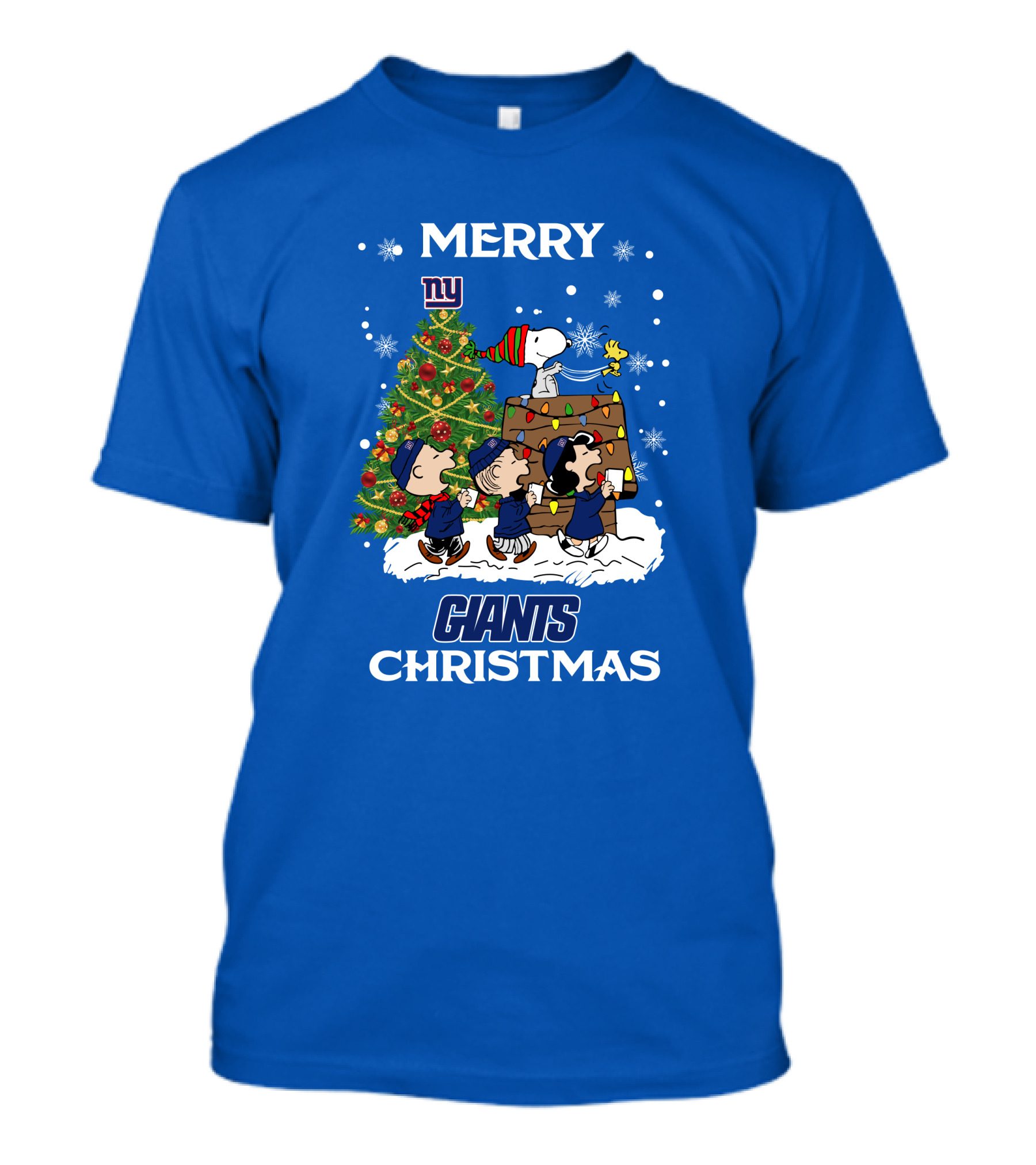 Merry New York Giants Christmas With Peanut Characters And Tree T-Shirt