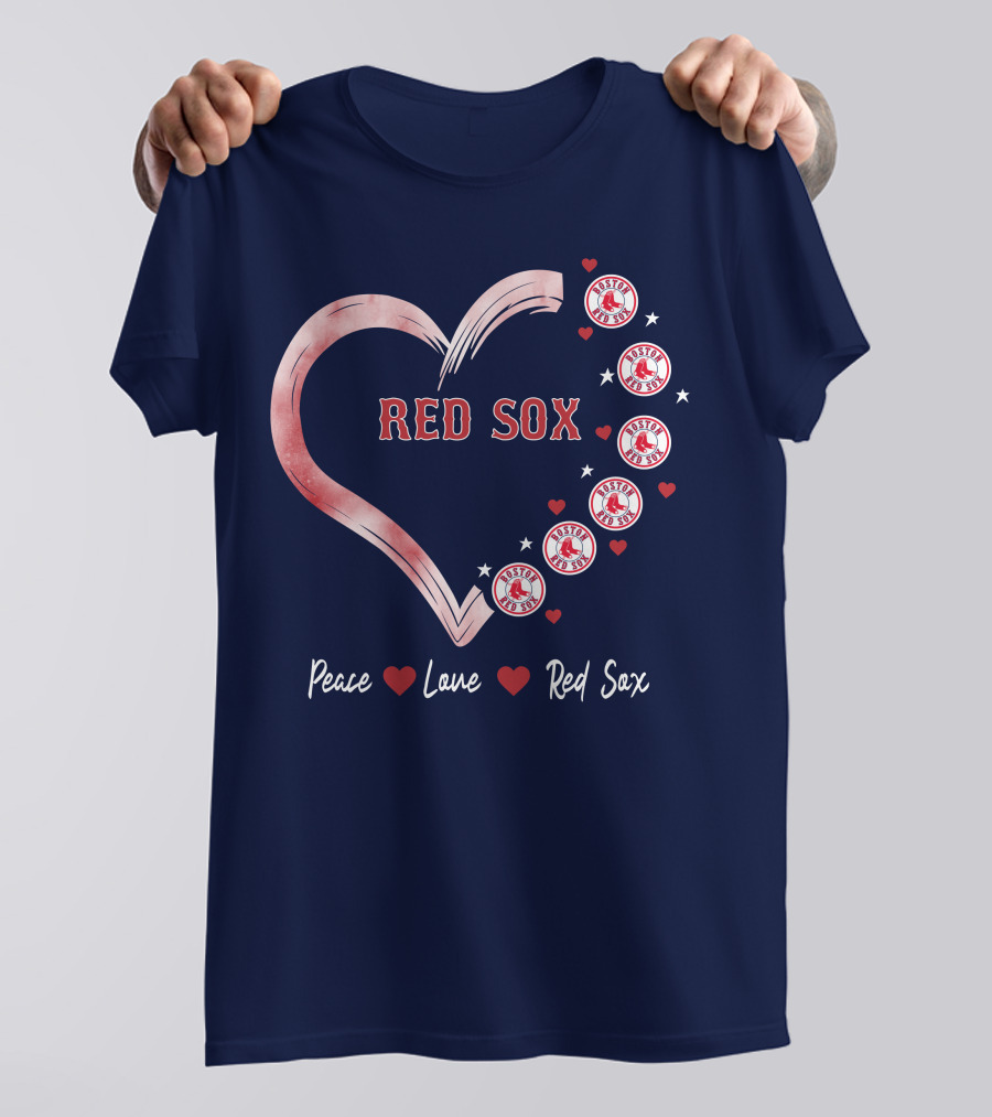 Peace Love Red Sox Heart With Boston Red Sox Logos And Stars T-Shirt