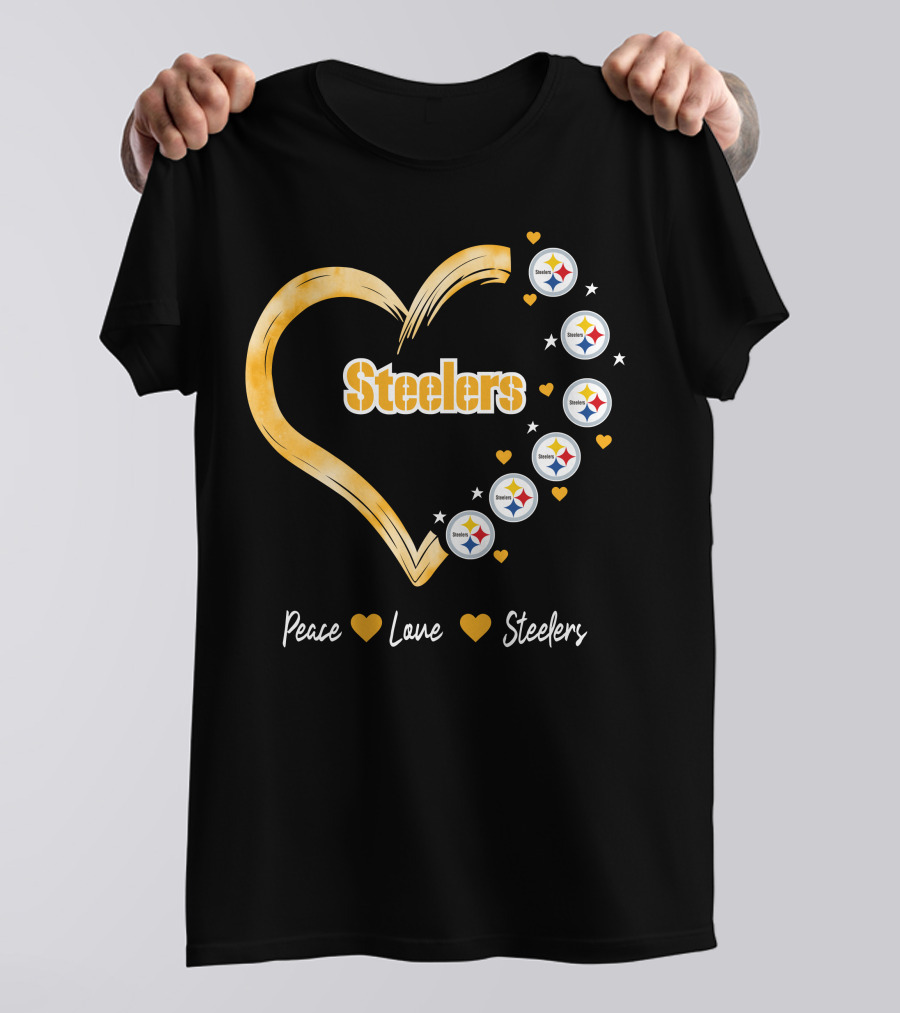 Peace Love Steelers Heart Filled With Pittsburgh Steelers Logos And Stars T-Shirt